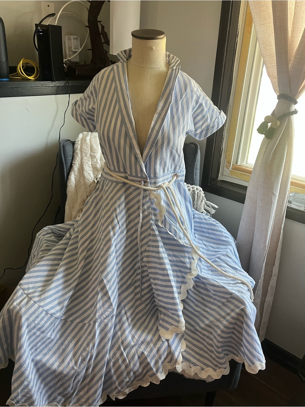 Light Blue & White Striped Wrap Dress with Rope Tie